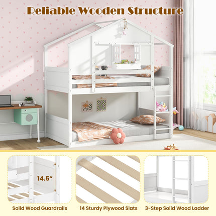 Dreamade Bunk Bed Twin Over Twin, Wood House Bed for Kids with Roof, Window Door, White