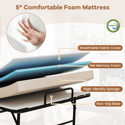 Dreamade Twin Folding Bed Frame with 5 Inch Mattress, Portable Rollaway Guest Bed, 75" x 38"