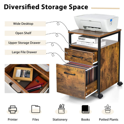 Dreamade 2-Drawer Rolling File Cabinet, Under Desk File Cabinet Printer Stand on Wheels, Rustic Brown