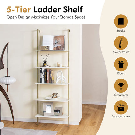 Dreamade 5 Tier Modern Wall Mounted Bookshelf, 71'' White and Gold Wood Bookcase with Steel Frame