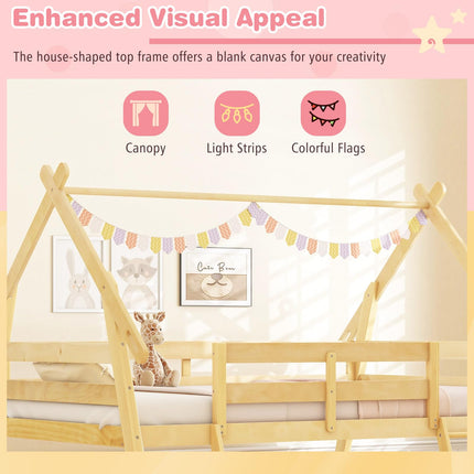 Dreamade Twin Over Queen Bunk Bed, Wood House Bunk Bed for Kids with Climbing Nets and Ramp