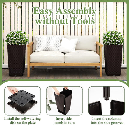 Dreamade Set of 2 Outdoor Wicker Flower Pot, 23 Inch Tall Planters with Drainage Hole, Self-Watering Tray