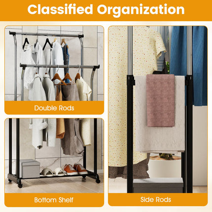 Dreamade Double Rod Clothing Rack with Adjustable Height & Wheels