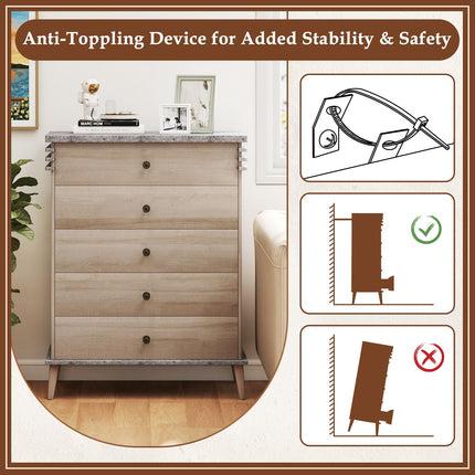 Dreamade 5-Drawer Storage Cabinet with Rubber Wood Legs