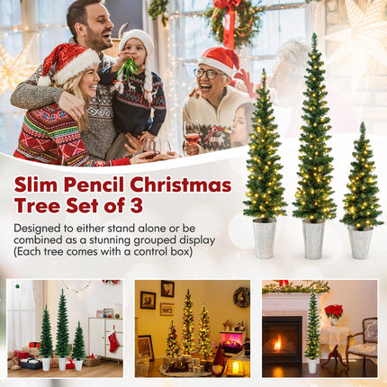 Dreamade 3' 4' 5' Pre-Lit Artificial Christmas Tree Set of 3, Slim Pencil Potted Xmas Tree with 423 Branch Tips, 230 Warm White LED Lights