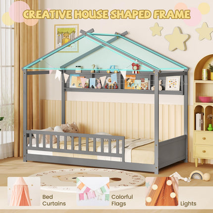 Dreamade Twin Floor House Bed with Storage Shelf, Wood Twin Bed Frames with Headboard & Guardrail