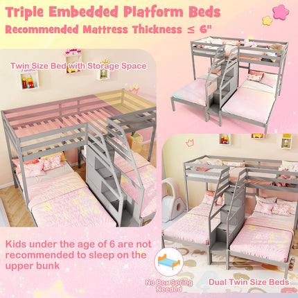 Dreamade Twin Over Twin & Twin Bunk Bed Triple Bunk Beds with 4-Step Storage Stair