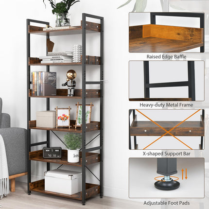 Dreamade Industrial 6-Tier Bookshelf, 70" Tall Freestanding Storage Display Shelf with 4 Hooks