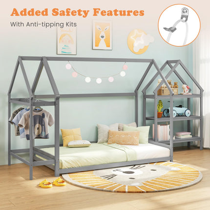 Dreamade Twin Floor Bed, Wood Montessori Floor Bed with Detachable 3 Tier Storage Bookshelf & Clothes Rack