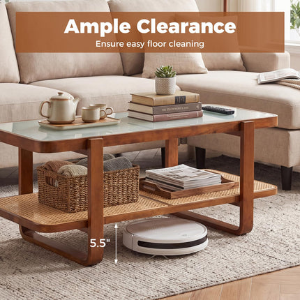 Dreamade Rattan Coffee Table | 41.5" Farmhouse Center Table with Storage & Frosted Tempered Glass