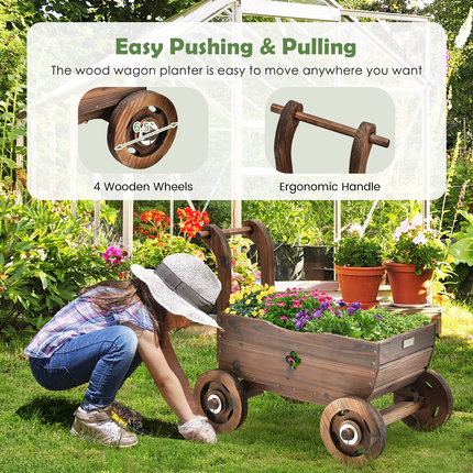 Dreamade Wooden Wagon Planter Raised Bed on Wheels, Handle, Drainage Hole