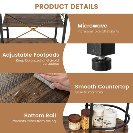 Dreamade Kitchen Bakers Rack, 4-Tier Microwave Stand with 6 Hooks & Stemware Racks (Rustic Brown)