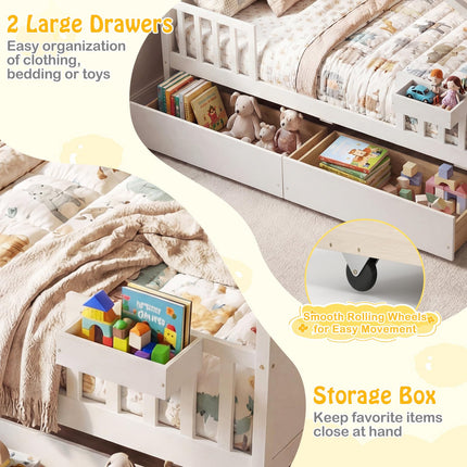 Dreamade Full Size House Bed with Roof and Fence Rails for Kid