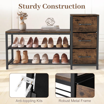 Dreamade 3-Tier Industrial Shoe Storage Bench with 3 Removable Fabric Drawers