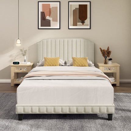 Dreamade Queen/Full/Twin Size Upholstered Bed Frame, Linen Platform Bed w/Rivet Headboard, Heavy Duty Mattress Foundation