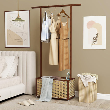 Dreamade Bamboo Clothes Rack 2-In-1 Clothing Hanging Rail for Hallway Living Room Bedroom