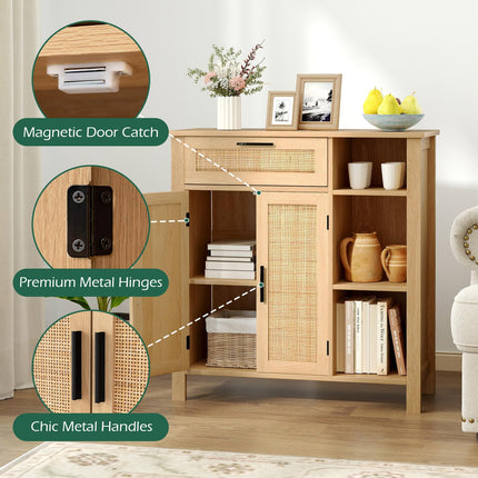Dreamade Buffet Cabinet with 2 Doors, Drawer 3 Open Cubbies Adjustable Shelf (Natural)
