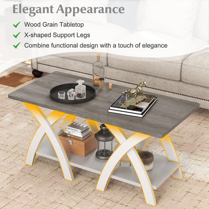 Dreamade Farmhouse Coffee Table 2-Tier Wood Center Table with Storage Shelf & X-Shaped Support Legs