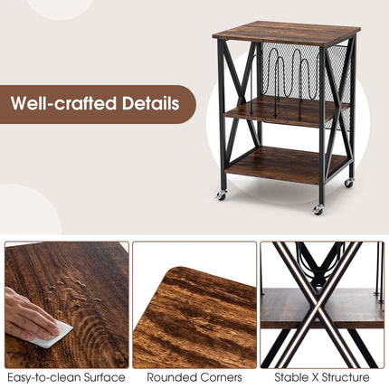 Dreamade Record Player Stand, Vinyl Record Storage Table w/ 3 M-shaped Dividers & 4 Rolling Wheels, Rustic Brown