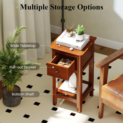 Dreamade Narrow End Table with Drawer 23.5" H Side Table w/Open Storage Shelf & Solid Wood Frame