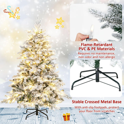 Dreamade Pre-Lit Snow Flocked Christmas Tree, Artificial Hinged Xmas Tree with Branch Tips, PE & PVC Mixed Leaves