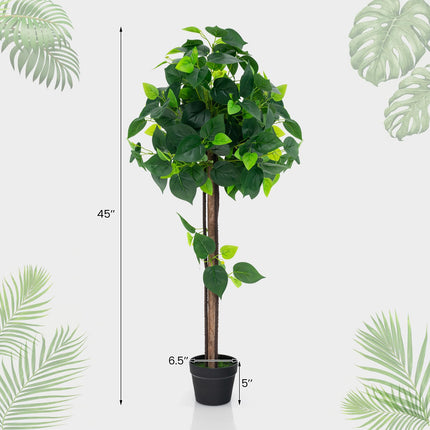 Dreamade 45" Artificial Hydrangea Tree, Tall Fake Potted Silk Tree with Real Wood Trunk