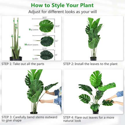 Dreamade Artificial Monstera Deliciosa Plant, 4ft Tall Fake Tropical Palm Tree w/10 Pcs Different Turtle Leaves - DreamadeUS