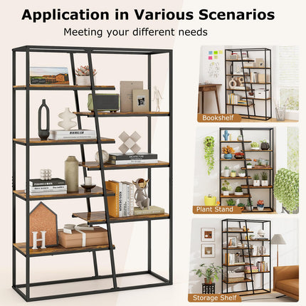 Dreamade 7-Tier Industrial Bookshelf, Heavy-Duty Staggered Bookcase, Freestanding Display Storage Rack