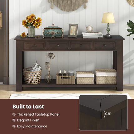 Dreamade 63" Farmhouse Entryway Table, Narrow Console Table w/ 4 Storage Drawers & Open Shelf