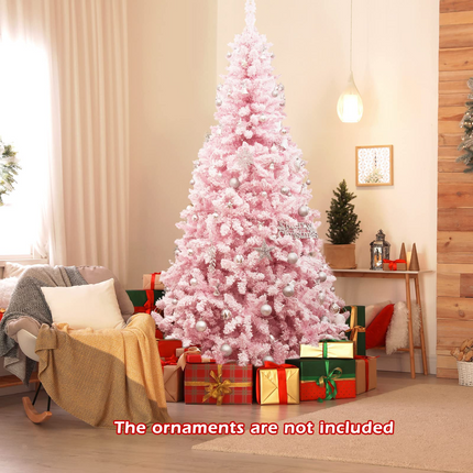 Dreamade 7.5ft Pink Pre-Lit Christmas Tree, Hinged Artificial Snow Flocked Xmas Tree with 1100 PVC Branch Tips, 450 LED Lights - DreamadeUS
