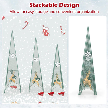 Dreamade Set of 3 Tower Shaped Christmas Trees (3ft/3.5ft/4ft), Artificial Xmas Metal Trees with Removable Star Toppers & Reindeer