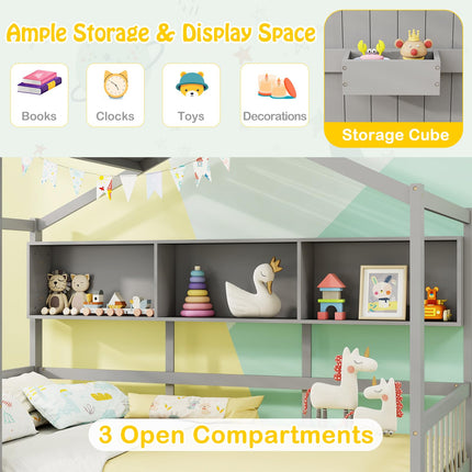 Dreamade Twin House Bed with 2 Storage Drawers, Kids Bed Frame with Storage Cubes, Montessori Bed with Fence Guardrails & Roof