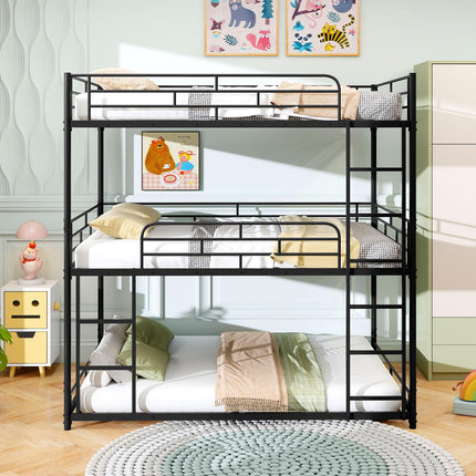 Dreamade Metal Full Over Full Over Full Bunkbeds with Safety Guardrails & 2 Ladders