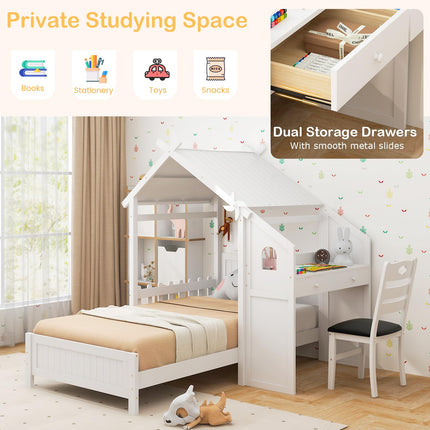 Dreamade Twin House Bed with Desk & Chair, Wood Kids Playhouse Bed with 2 Drawers