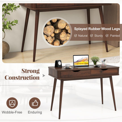Dreamade Mid-Century Desk with 2 Drawers, 43.5" Writing Study Desk with Solid Rubber Wood Legs