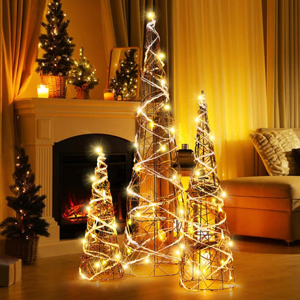 Dreamade Set of 3 Large Christmas Cone Trees, 32” 24” 16” Indoor Christmas Trees w/Warm White LED Lights