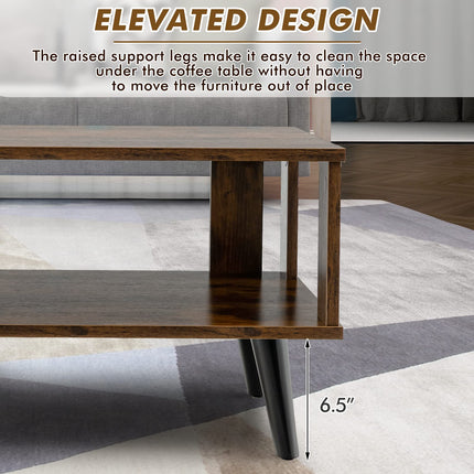 Dreamade Retro Wood Coffee Table, 2-Tier Tea Table w/Open Storage Shelf & Supportive Legs