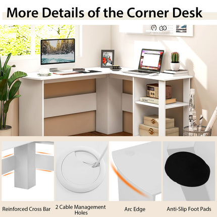 Dreamade L Shaped Computer Desk, 51" Large Corner Desk with 2 Cable Holes & 2 Storage Shelves, White