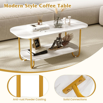 Dreamade 2 Tier Coffee Table with Storage Modern Faux Marble Center Table