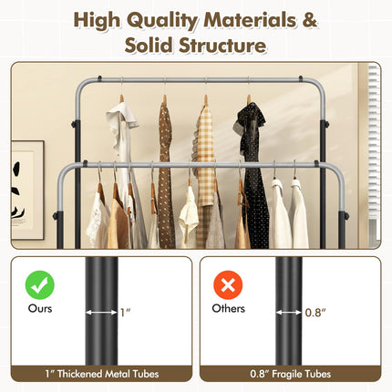 Dreamade Double Rods Garment Rack, 2 Heights Adjustable Clothing Rack, Heavy Duty Metal Frame Hanging Clothes Rack