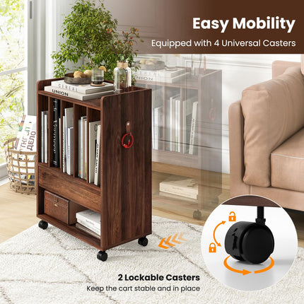 Dreamade Record Player Stand, Rolling Turntable Stand with Drawer, Hook & Lockable Wheels
