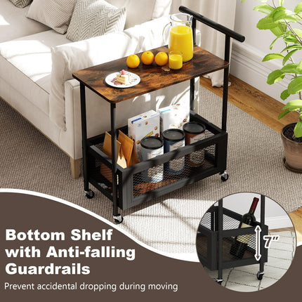 Dreamade Rolling End Table with Handle 2-Tier Sofa Side Table with Open Shelf & Mesh Basket