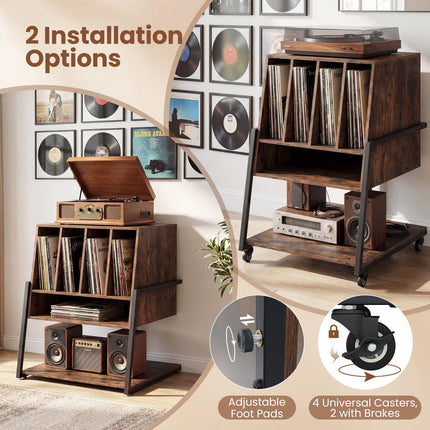 Dreamade Record Player Stand on Wheels | 3-Tier Turntable Stand with Charging Station