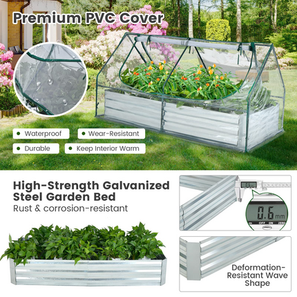 Dreamade Galvanized Steel Raised Garden Bed with Mini Greenhouse, Outdoor Metal Planter Box Kit with Large Roll-up PVC Cover