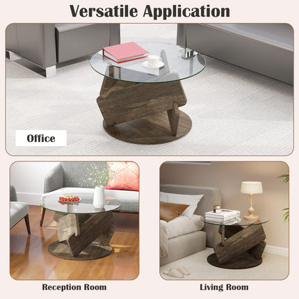 Dreamade 32inch Glass Round Coffee Table with Clear Tempered Glass Top Solid Wood Legs