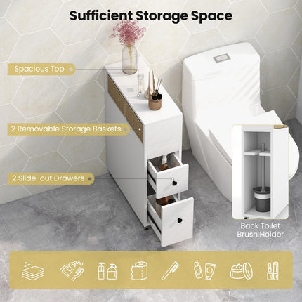 Dreamade Small Bathroom Storage Cabinet - Slim Bathroom Organizer with Wheels, 2 Drawers, 2 Baskets