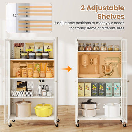 Dreamade Bookcase with Doors 58" Tall 4-Tier Bookshelf with Wheels