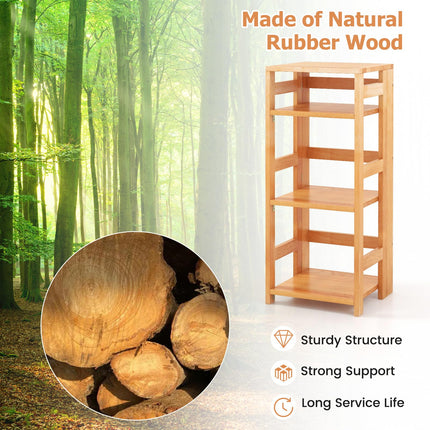 Dreamade 4-Tier Bookshelf, 34.5" Floor Storage Shelf w/Rubber Wood Frame, Anti-Toppling Kits, 14" x 13" x 34.5"
