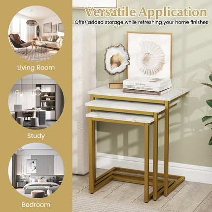Dreamade Nesting Coffee Table Set of 3 Stackable Square End Table w/Faux Marble Tabletop & Heavy-Duty Metal Frame
