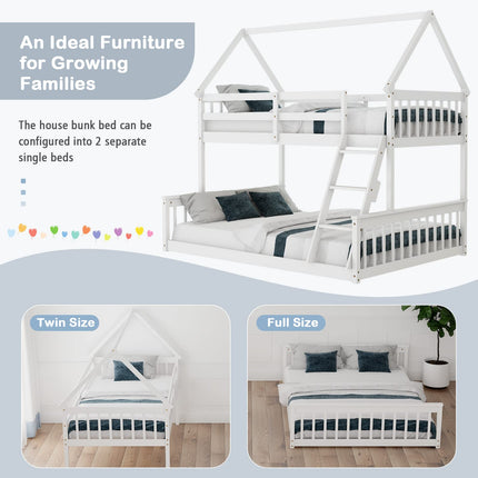 Dreamade Twin Over Full House Bunk Bed, Floor Low Bunk Bed Frame w/Integrated Ladder & Safety Guardrails